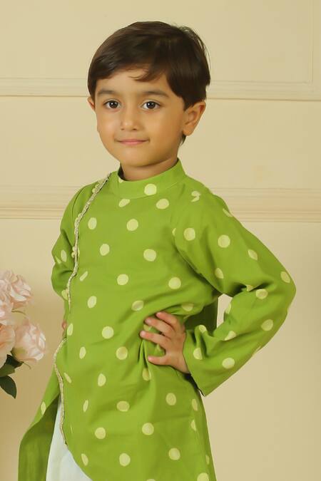 Buy_Pankhuri By Priyanka_Green Lace Polka Dot Handblock Print Kurta Set _Online_at_Aza_Fashions