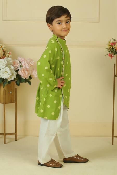 Shop_Pankhuri By Priyanka_Green Lace Polka Dot Handblock Print Kurta Set _Online_at_Aza_Fashions