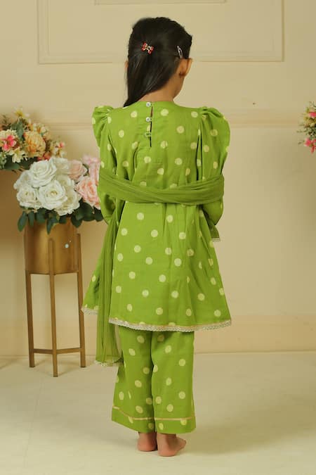 Pankhuri By Priyanka Polka Dot Handblock Print Pleated Kurta Set 