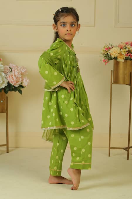 Buy_Pankhuri By Priyanka_Green Lace Polka Dot Handblock Print Pleated Kurta Set _Online_at_Aza_Fashions