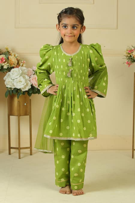 Pankhuri By Priyanka Polka Dot Handblock Print Pleated Kurta Set 