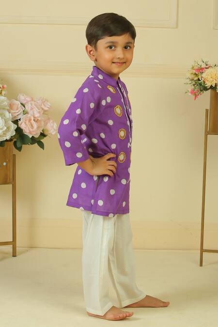 Shop_Pankhuri By Priyanka_Purple Embroidery, Studs Polka Dot Hand Block Print Kurta And Pant Set _Online_at_Aza_Fashions
