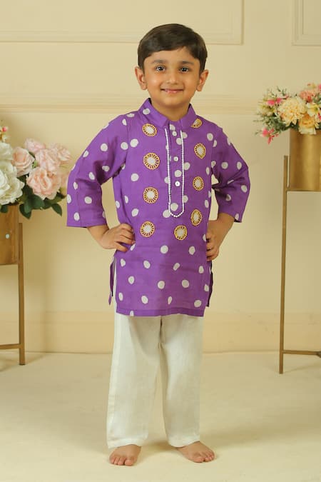 Buy_Pankhuri By Priyanka_Purple Embroidery, Studs Polka Dot Hand Block Print Kurta And Pant Set 