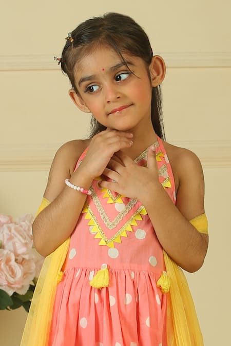 Pankhuri By Priyanka_Pink Lace Polka Block Print Halter Kurta Sharara Set _Online_at_Aza_Fashions