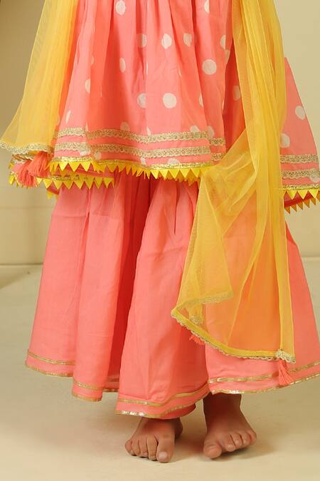 Buy_Pankhuri By Priyanka_Pink Lace Polka Block Print Halter Kurta Sharara Set _Online_at_Aza_Fashions