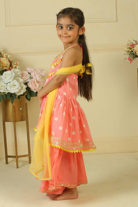 Shop_Pankhuri By Priyanka_Pink Lace Polka Block Print Halter Kurta Sharara Set _Online_at_Aza_Fashions