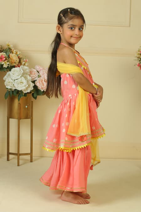 Pankhuri By Priyanka_Pink Lace Polka Block Print Halter Kurta Sharara Set _at_Aza_Fashions