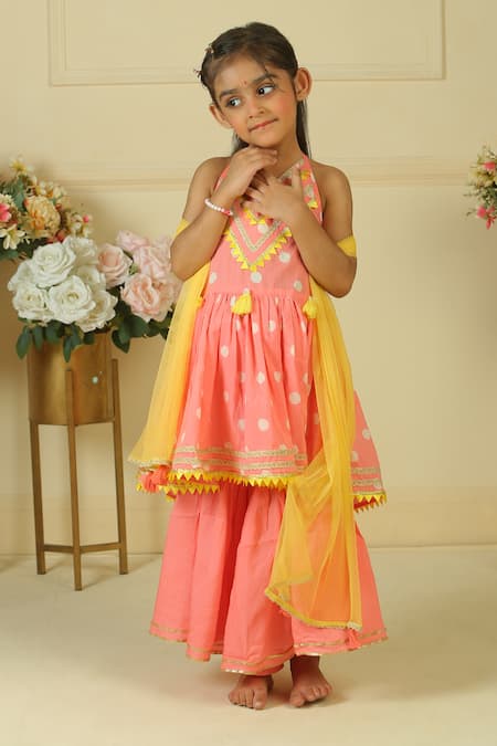 Pankhuri By Priyanka Polka Block Print Halter Kurta Sharara Set 