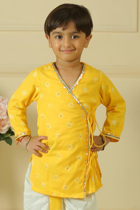 Buy_Pankhuri By Priyanka_Yellow Piping Handblock Print Angrakha Kurta And Dhoti Pant Set _Online_at_Aza_Fashions