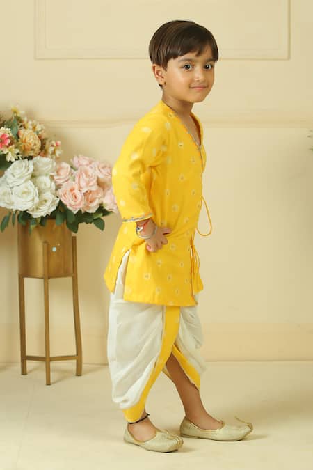 Shop_Pankhuri By Priyanka_Yellow Piping Handblock Print Angrakha Kurta And Dhoti Pant Set _Online_at_Aza_Fashions