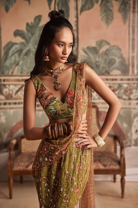Buy_Show Shaa_Olive Green Chiffon Embroidery, Floral Print And Embellished Pre-draped Saree Set _Online_at_Aza_Fashions