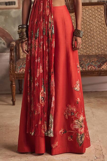 Show Shaa_Red Embroidery, Applique Round Neck, Keyhole Hand Crop Top And Chanderi Kali Pant _Online_at_Aza_Fashions
