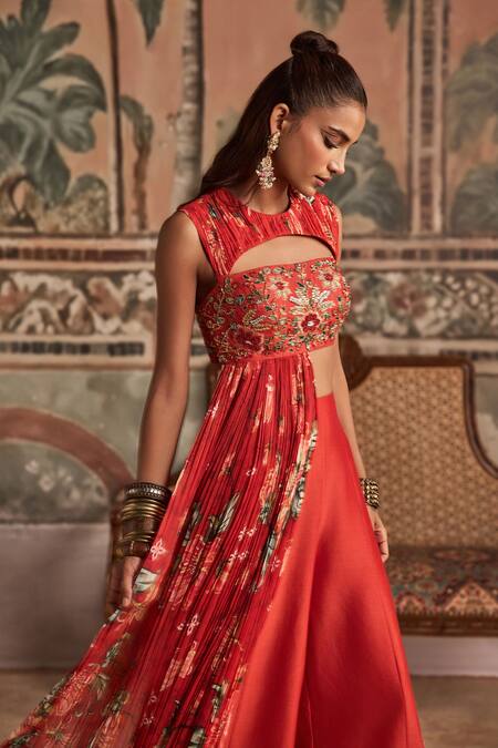 Buy_Show Shaa_Red Embroidery, Applique Round Neck, Keyhole Hand Crop Top And Chanderi Kali Pant _Online_at_Aza_Fashions