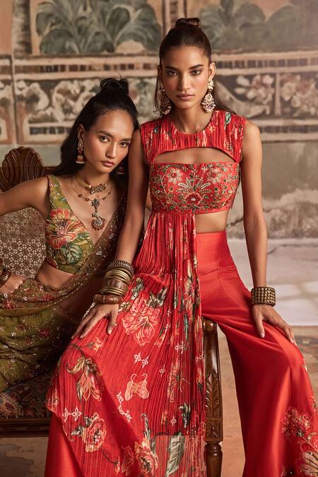 Shop_Show Shaa_Red Embroidery, Applique Round Neck, Keyhole Hand Crop Top And Chanderi Kali Pant _Online_at_Aza_Fashions