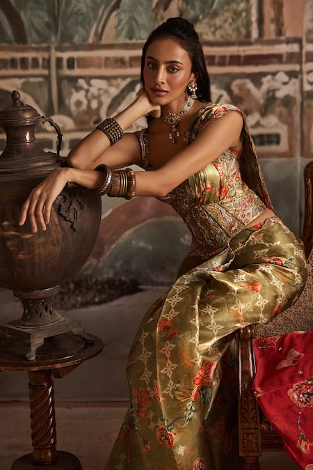 Buy_Show Shaa_Olive Green Organza, Dupion Embroidery Floral Print Saree With Corset And Belt _Online_at_Aza_Fashions