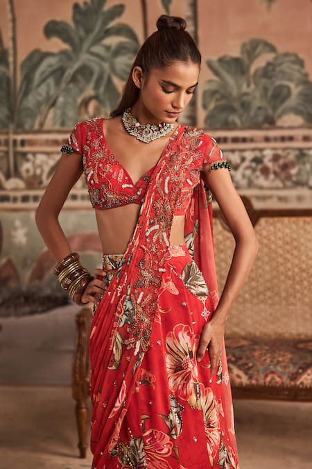Show Shaa_Red Chiffon, Net Embroidery, Cut Work, Floral Pre-draped Saree And Blouse _Online_at_Aza_Fashions