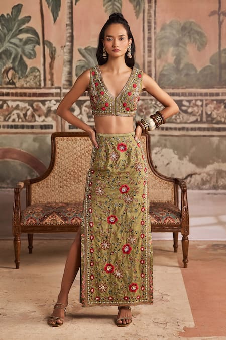 Show Shaa Hand Embroidered Floral Top & Pencil Skirt Set