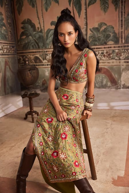 Show Shaa_Olive Green Dupion Embroidery, Beads, Hand Floral Top And Pencil Skirt Set _Online_at_Aza_Fashions