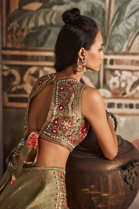 Buy_Show Shaa_Olive Green Dupion Embroidery, Beads, Hand Floral Top And Pencil Skirt Set _Online_at_Aza_Fashions