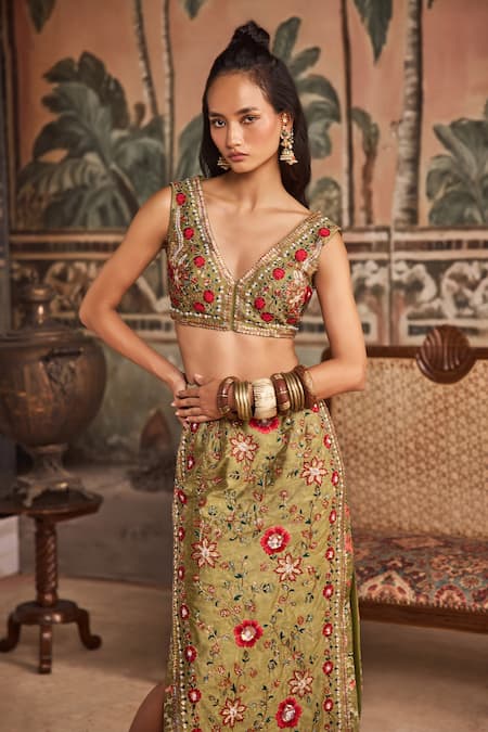 Shop_Show Shaa_Olive Green Dupion Embroidery, Beads, Hand Floral Top And Pencil Skirt Set _Online_at_Aza_Fashions