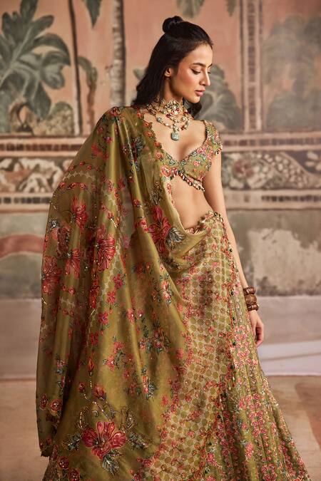 Show Shaa_Olive Green Dupion, Silk Embroidery, Printed Lehenga, Blouse And Dupatta Set _Online_at_Aza_Fashions