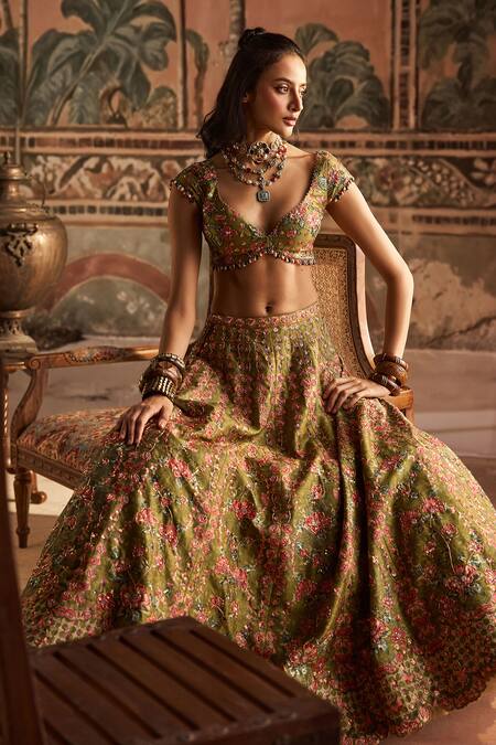 Buy_Show Shaa_Olive Green Dupion, Silk Embroidery, Printed Lehenga, Blouse And Dupatta Set _Online_at_Aza_Fashions