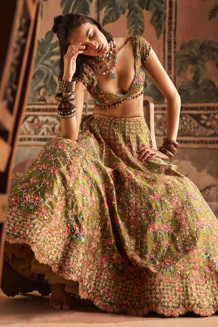 Shop_Show Shaa_Olive Green Dupion, Silk Embroidery, Printed Lehenga, Blouse And Dupatta Set _Online_at_Aza_Fashions