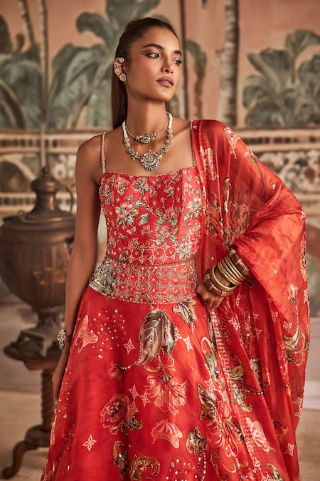 Show Shaa_Red Organza, Dupion, Silk Embroidery, Sequins Floral Printed And Lehenga Set _Online_at_Aza_Fashions