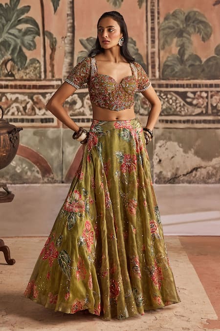Buy_Show Shaa_Olive Green Silk, Net Embroidery, Sequins, Printed And Lehenga Set With Dupatta _Online_at_Aza_Fashions