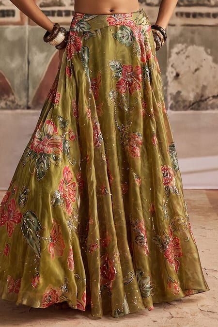 Shop_Show Shaa_Olive Green Silk, Net Embroidery, Sequins, Printed And Lehenga Set With Dupatta _Online_at_Aza_Fashions