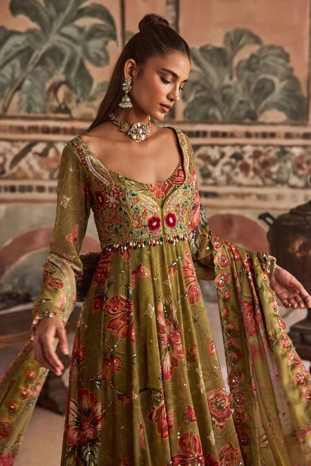 Show Shaa_Olive Green Chiffon, Dupion Floral Printed Anarkali, Pant And Dupatta Set _Online_at_Aza_Fashions