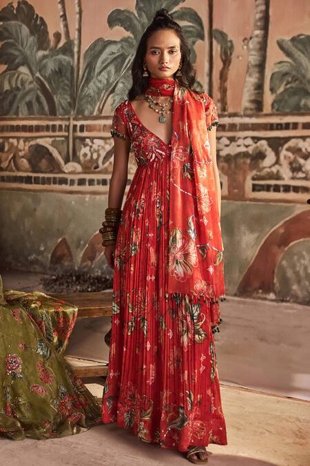 Show Shaa_Red Chiffon, Net, Organza, Silk Floral Printed Pleated Anarkali Set With Dupatta _Online_at_Aza_Fashions
