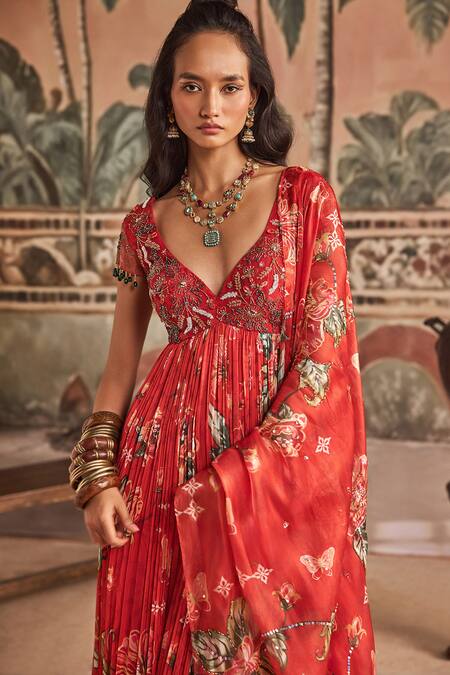 Shop_Show Shaa_Red Chiffon, Net, Organza, Silk Floral Printed Pleated Anarkali Set With Dupatta _Online_at_Aza_Fashions