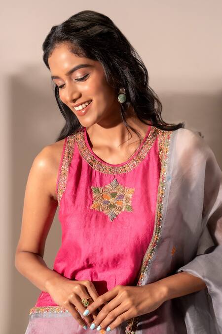 Aavya_Magenta Silk, Organza Embroidery, Zari Round Neck Placed Kurta Pant Set _Online_at_Aza_Fashions