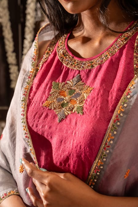 Aavya_Magenta Silk, Organza Embroidery, Zari Round Neck Placed Kurta Pant Set _at_Aza_Fashions