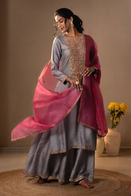 Aavya_Gray Silk, Shantoon, Organza Embroidery, Sequins, Kurta Flared Palazzo Set _Online_at_Aza_Fashions