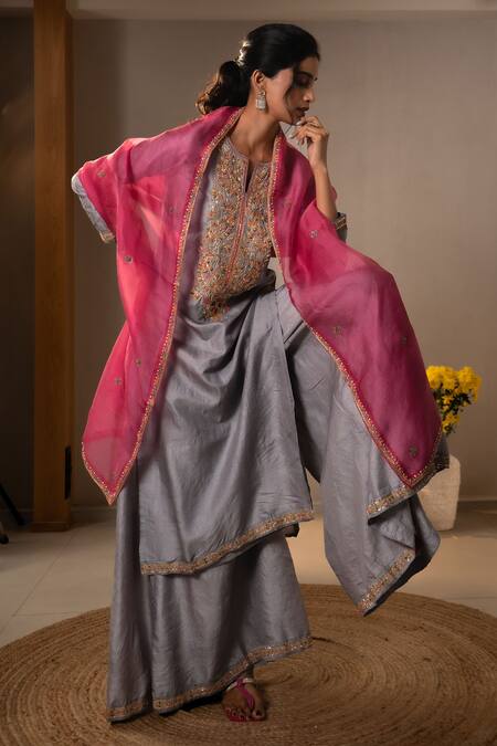 Shop_Aavya_Gray Silk, Shantoon, Organza Embroidery, Sequins, Kurta Flared Palazzo Set _Online_at_Aza_Fashions