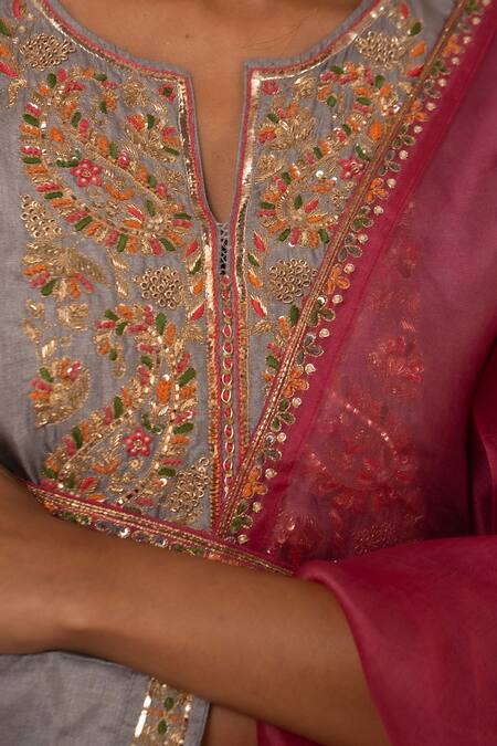 Aavya_Gray Silk, Shantoon, Organza Embroidery, Sequins, Kurta Flared Palazzo Set _at_Aza_Fashions