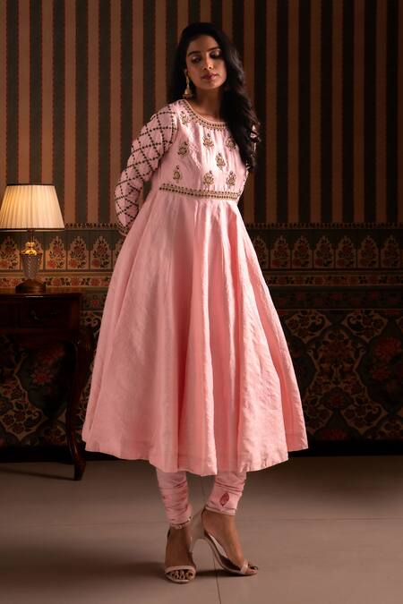 Aavya_Pink Silk, Shantoon, Organza Embroidery, Zari Round Neck Anarkali Set _Online_at_Aza_Fashions