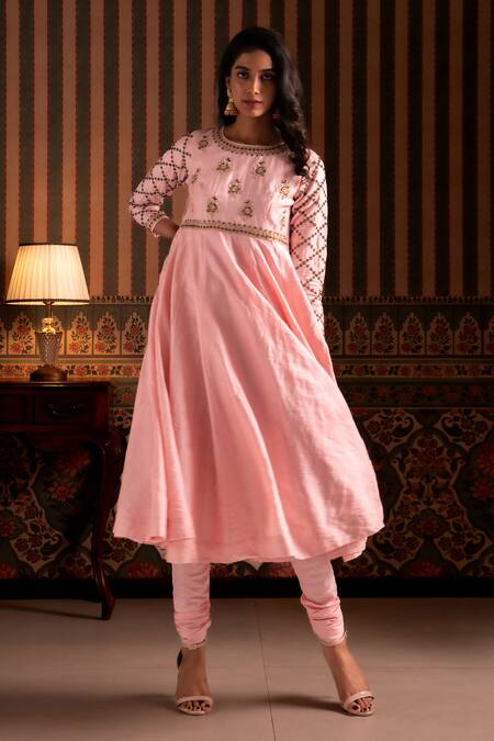 Buy_Aavya_Pink Silk, Shantoon, Organza Embroidery, Zari Round Neck Anarkali Set _Online_at_Aza_Fashions