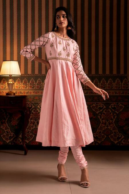 Shop_Aavya_Pink Silk, Shantoon, Organza Embroidery, Zari Round Neck Anarkali Set _Online_at_Aza_Fashions