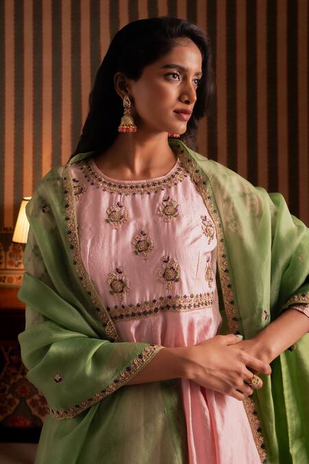 Aavya_Pink Silk, Shantoon, Organza Embroidery, Zari Round Neck Anarkali Set _at_Aza_Fashions