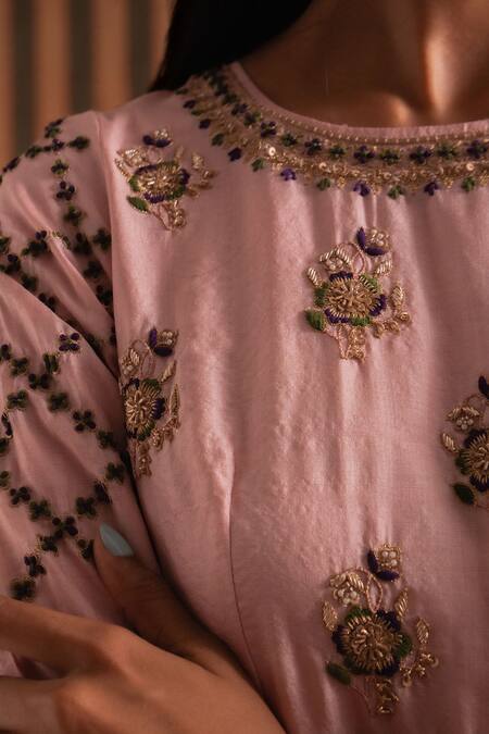 Buy_Aavya_Pink Silk, Shantoon, Organza Embroidery, Zari Round Neck Anarkali Set 