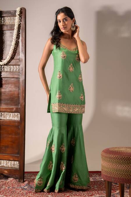 Buy_Aavya_Green Silk, Shantoon, Organza Embroidery, Metallic Short Kurta Gharara Set _Online_at_Aza_Fashions