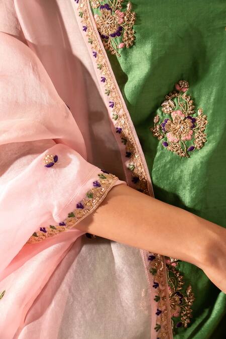 Buy_Aavya_Green Silk, Shantoon, Organza Embroidery, Metallic Short Kurta Gharara Set 