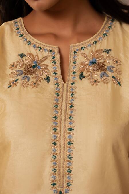 Shop_Aavya_Yellow Silk, Shantoon, Organza Embroidery Split Short Kurta Farsi Salwar Set _Online_at_Aza_Fashions