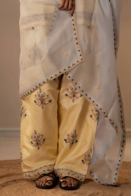 Buy_Aavya_Yellow Silk, Shantoon, Organza Embroidery Split Short Kurta Farsi Salwar Set 