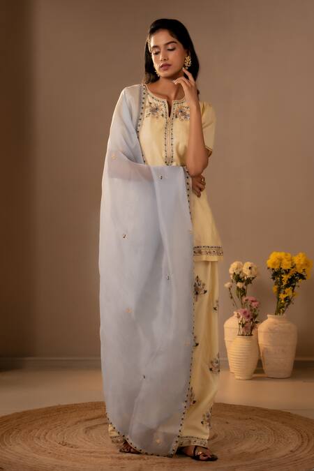 Shop_Aavya_Yellow Silk, Shantoon, Organza Embroidery Split Short Kurta Farsi Salwar Set 