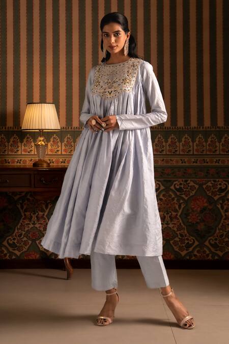 Shop_Aavya_Sky Blue Silk, Shantoon, Organza Embroidery, Zari Floral Anarkali Pant Set _Online_at_Aza_Fashions