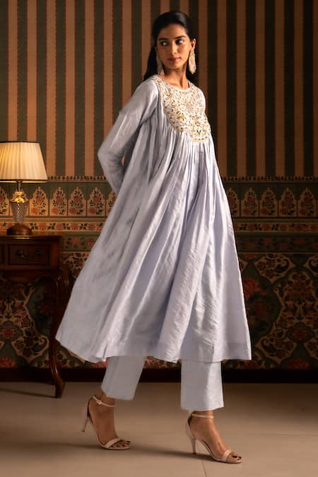 Aavya_Sky Blue Silk, Shantoon, Organza Embroidery, Zari Floral Anarkali Pant Set _at_Aza_Fashions